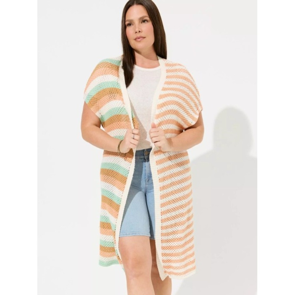 torrid‎ 3/4 Crochet Duster Vest Sweater 3x 4x Green Orange White Stripe NEW